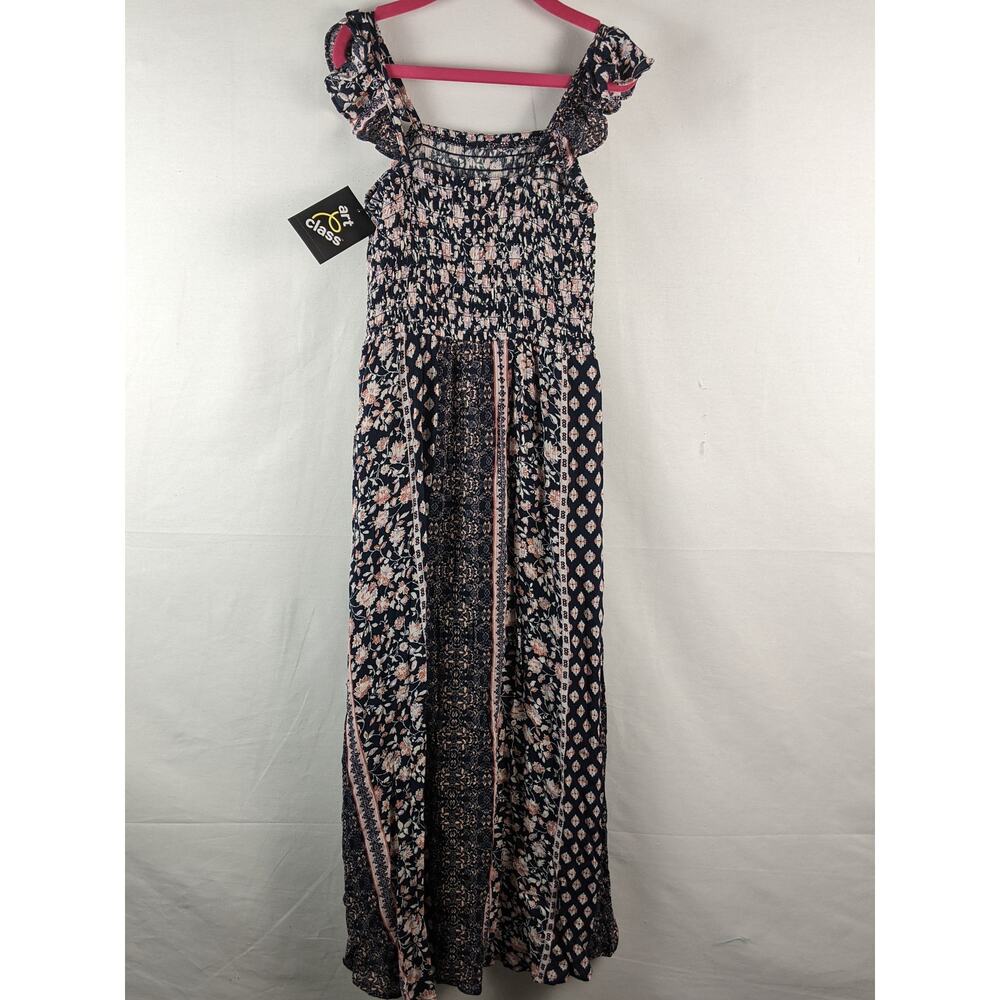 Romper Ruffle Smocked Walk Through Navy Floral Dress Art Class M 7/8 Pink Flower - Picture 5 of 9